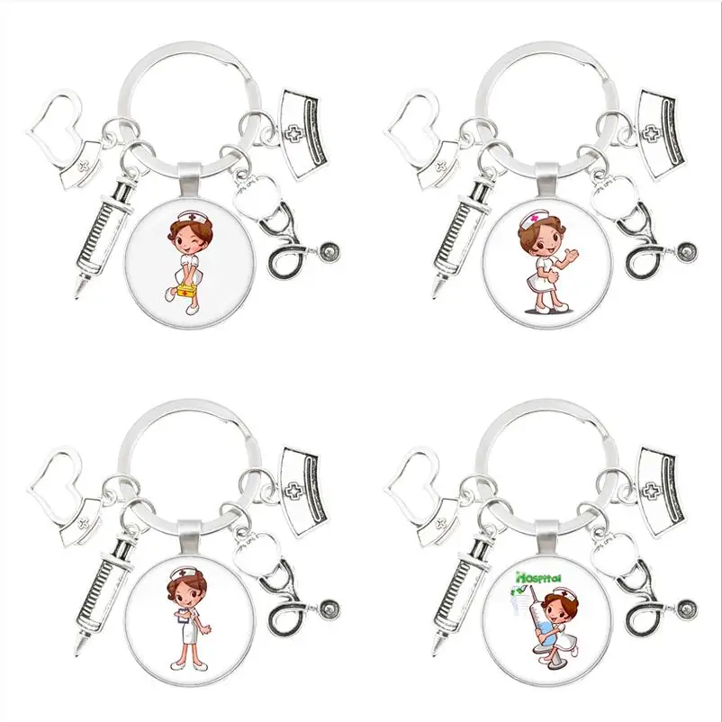 

Paint Fashion Creative Nurse Medical Syringe Stethoscope Image Pendant Keychain Glass Dome Suitable Nurses and Doctors Key Ring