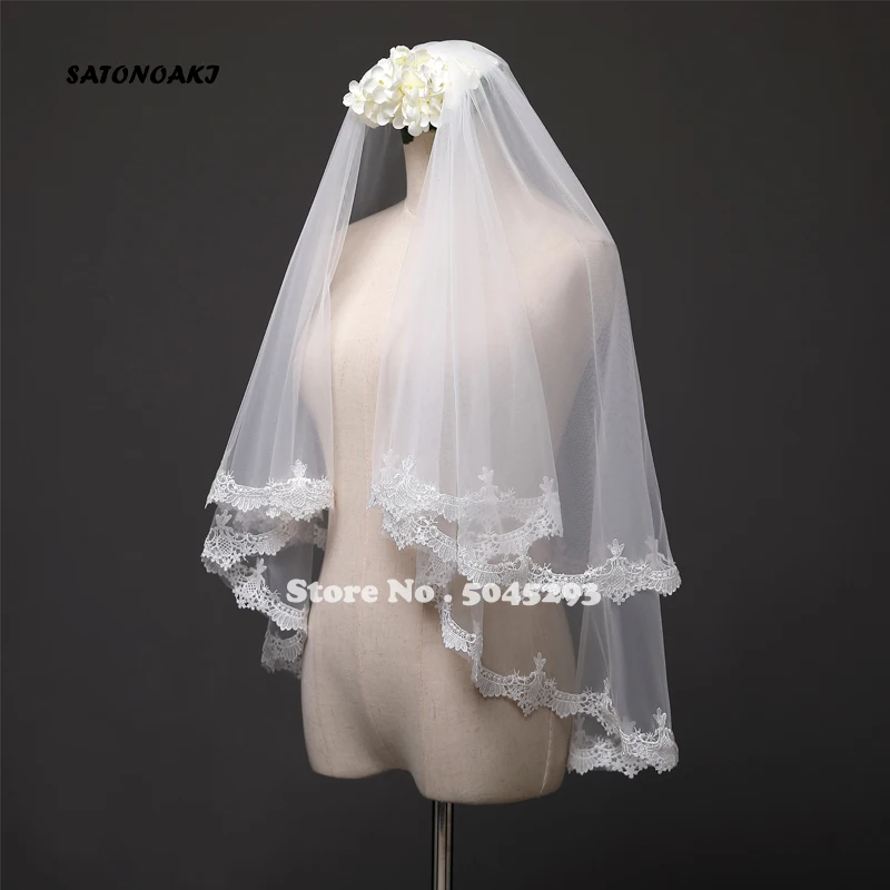 SATONOAKI,, двухслойная белая слоновая кость, тюль, кружево для свадебной вуали, низкая цена, короткая свадебная фата, veu de noiva longo