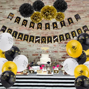 

2020 Black Gold Graduation Decorations Hanging Congrats Grad Banner Latex Balloons Cake Topper Pom Pom Graduation Party Supplies