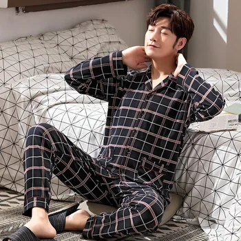 

Cotton Men's Pajamas Plaid Cardigan Sweater Pajama Set Lapel Loose Long Sleeve Middle-aged Homewear New Autumn Products