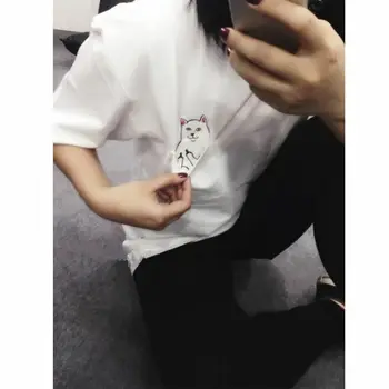 

2019 Fashion Summer Men Women's Solid Color Pocket Cat/Dog Casual Cotton Loose Shirt Tops T-shirt