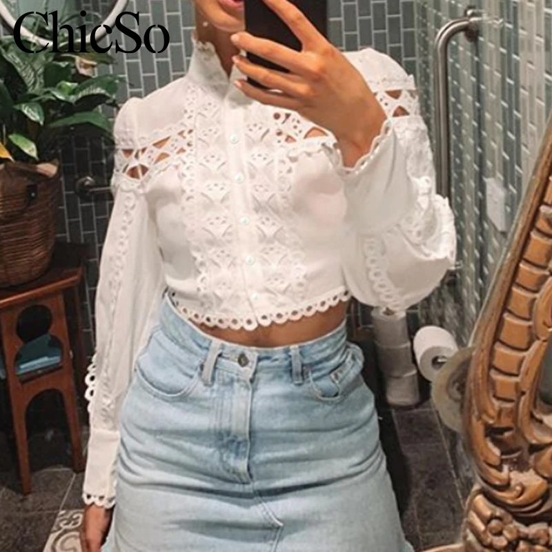  MissyChilli Turtleneck office lady white embroidered blouse Women long sleeve patchwork top shirt S