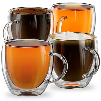 

Set of 4 Double Walled Glass Espresso Coffee Cups 250ml Insulated Mugs Glass Set