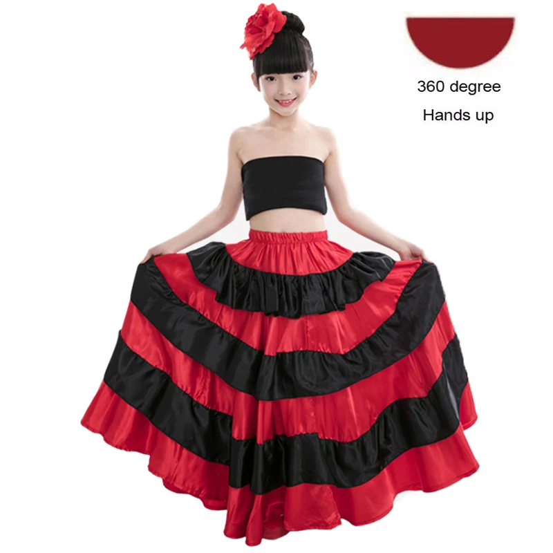 Испанские танцевальные костюмы для девочек, детская красная юбка для Фламенго, одежда для карнавала, фестиваля, сцены, атласное гладкое платье - Цвет: Color5 360degree