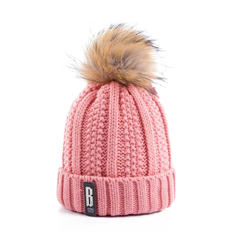 Pink Новинка, теплая женская шапка, набор, модные зимние шляпы для женщин, меховая подкладка, шея, теплая шапка, Буква B, шапочка, шапка для девочек, помпон, вязаная шапка - Цвет: Pink
