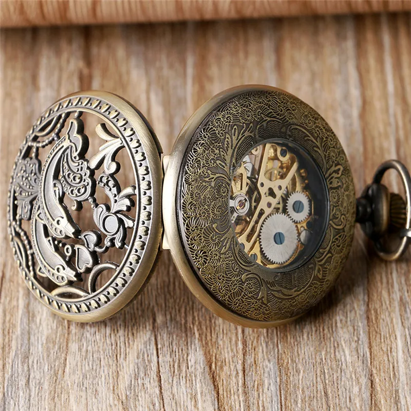 Bronze Hollow Out Dolphin Case Unisex Pocket Watch with Handwinding Mechanical Movement Arabic Numeral Dial Fob Pendant Chain