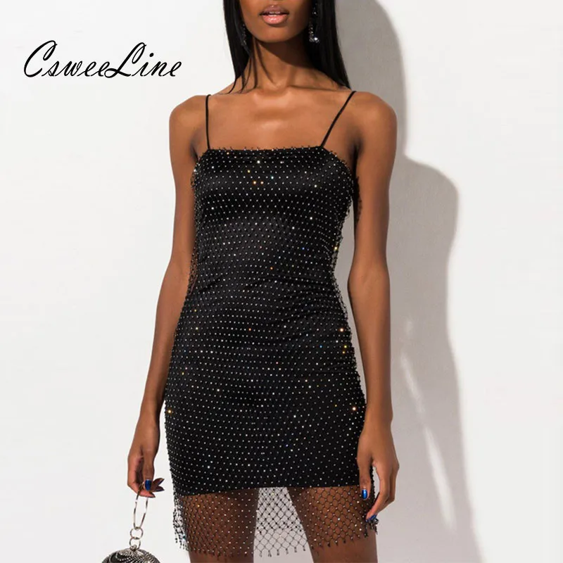 

summer club wear crystal mini dress spaghetti strap rhinestones mesh black dress night out party glitter women bodycon dresses