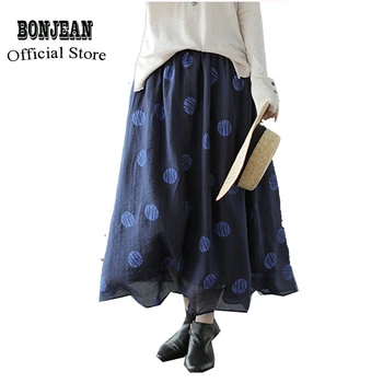 

Women Linen Skirt Retro Vintage Fashion Skirt Long Big Loose Elastic Waist Skirt Blue Polka Dots for Summer AZ21211617