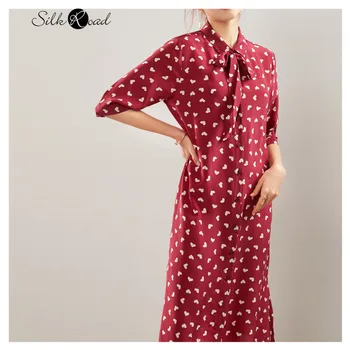 

Silviye Love printed Hangzhou authentic silk dress women's mulberry silk ribbon medium long sleeve A-line shirt dress spring