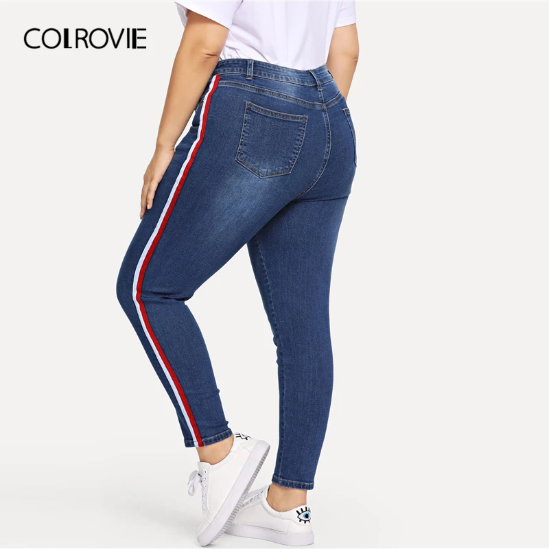COLROVIE Plus, женские джинсы с контрастной лентой, с эффектом отбеливания сбоку, новинка, Осенние Синие облегающие джинсы, повседневные женские джинсовые штаны