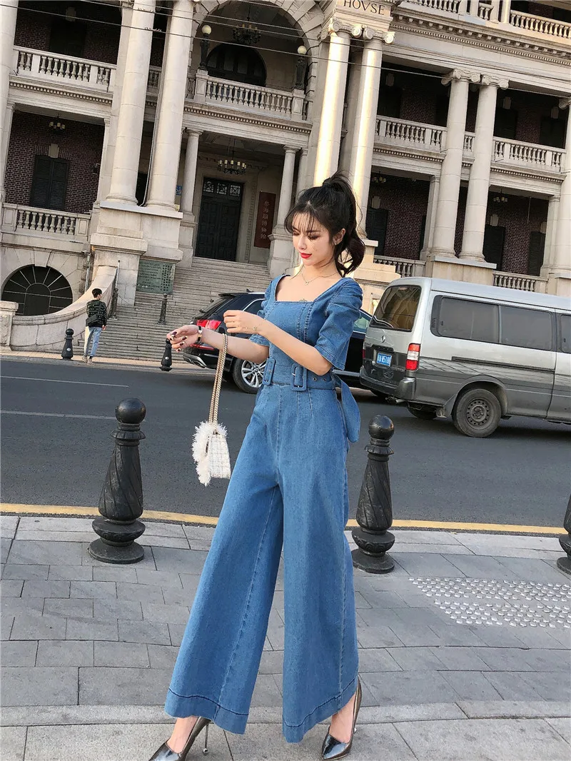 Women Fashion Blue Denim Jumpsuits 2020 Spring Summer Retro High Waist Wide Leg Pants Bodysuits Loose Casual Slim Jeans Rompers Women Fashion Blue Denim Jumpsuits 2020 Spring Summer Retro High Waist Wide Leg Pants Bodysuits Loose Casual Slim Jeans Rompers