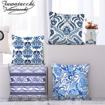 

Fuwatacchi Mandela White Cushion Cover Geometric Pillow Cover Blue Porcelain Printed Throw Pillowcases for Home Sofa Decorations