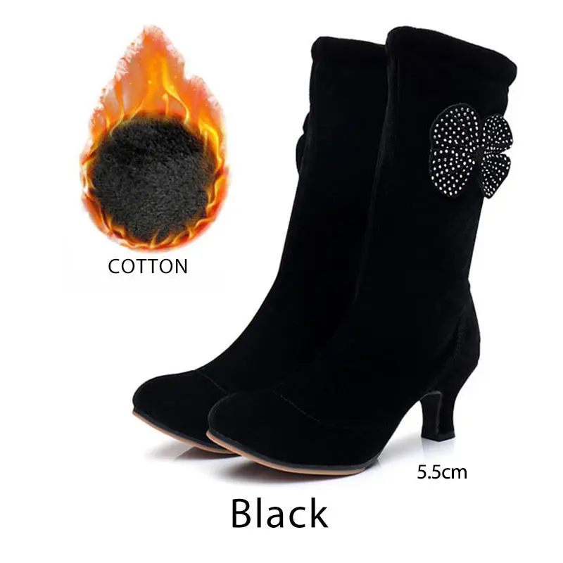 Black1 5.5cm Туфли для латинских танцев; Для женщин Стразы бархатные танцевальные, для сельской кадрили ботинки мягкая подошва женские бальные Танцы зимняя обувь женские сапоги - Color: Black1 5.5cm