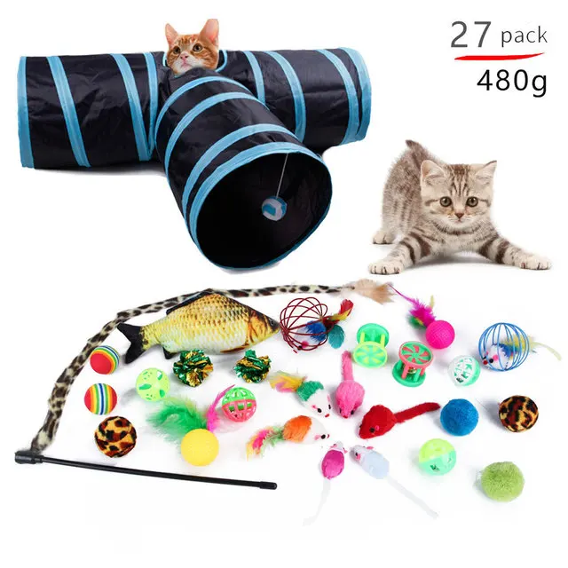 Cat Toys Set of Mouse, Shape Balls, Foldable Play Tunnel, Sticks , Fish