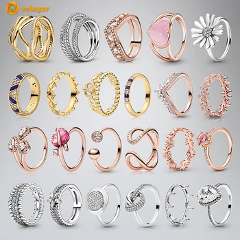 Volayer 925 Sterling Silver Rings Daisy Flower Snake Chain Pattern Crown Open Band of Hearts Rings Original 925 Women Rings Gift