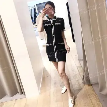 

19 Small Xiangfeng Simple Pearl Diamond Buckle Knitting Slim Fit Short Sleeve Dress 91069