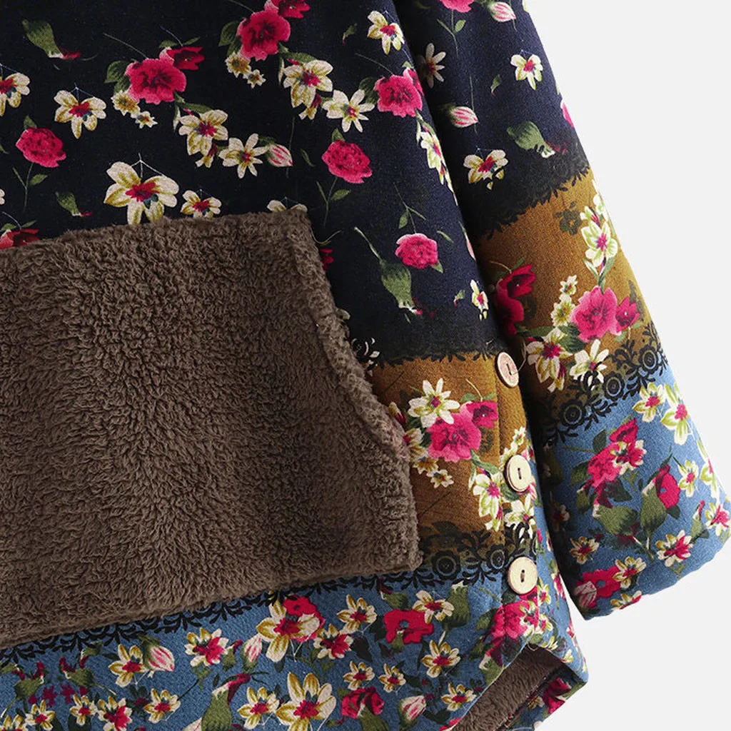 Plus Size Women Fleece Boho Hoodies Winter Keep Warm Patchwork Floral Print Sweatshirt Long Sleeve Pockets Hoodie Hoody
