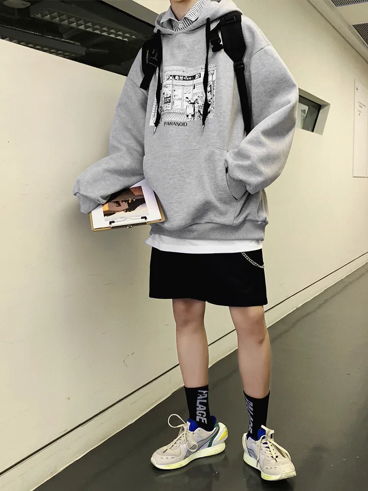 Spring And Autumn Korean-style BF Hip Hop False Printed Hooded Hoodie Men's-INS Hong Kong-Style Loose-Fit Hoodie Men's Two-Piece