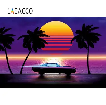 

Laeacco Summer Backgrounds For Photography Tropical Sea Beach During Sunset Palms Tree Car Scene Photo Background Photo Studio