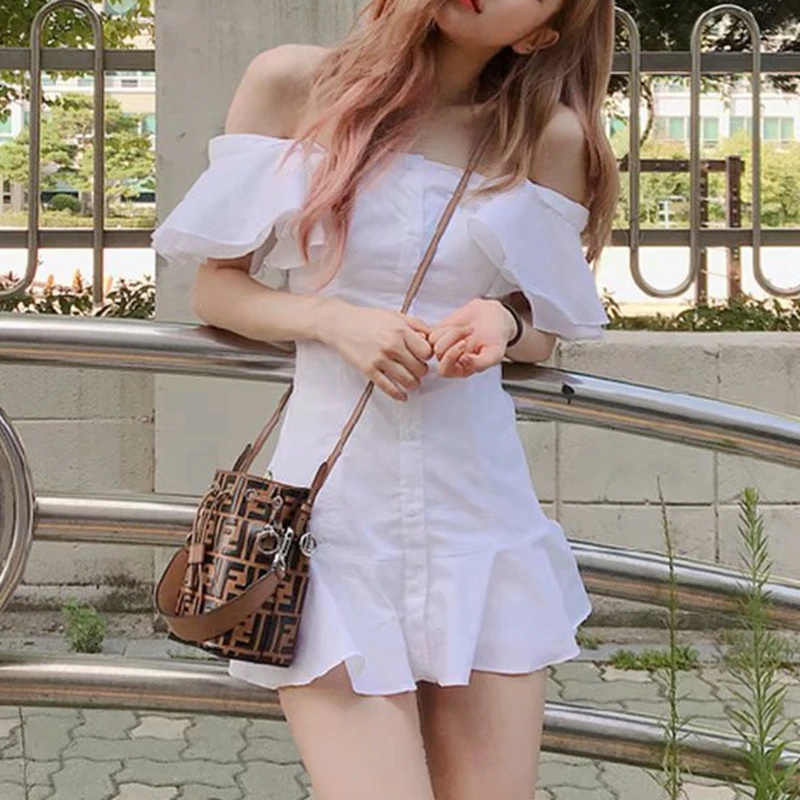 

2020 Summer boho off shoulder dress women buttions ruffle sexy vintage white beach dress elegant korean mini short dress