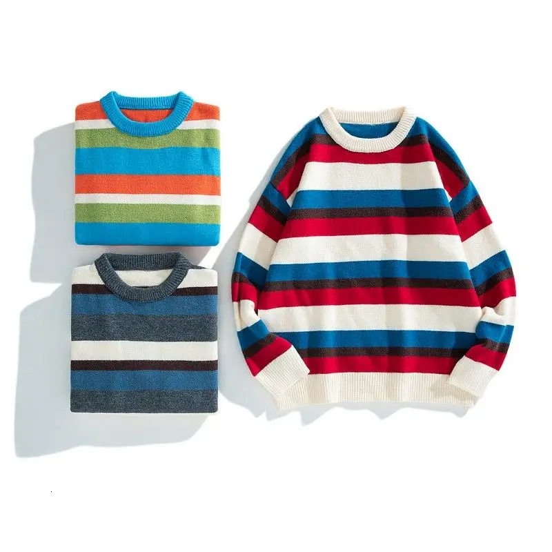 

Color Striped Sweater Men's Warm Fashion Hit Color Casual Knitted Pullover Men Loose Knitting Sweaters Mens Clothes M-3XL