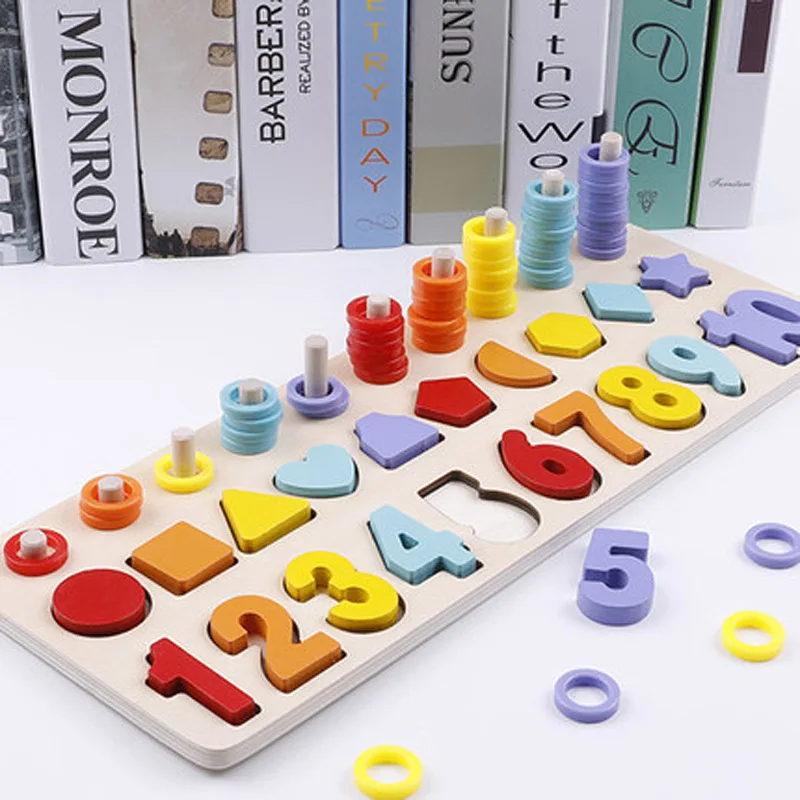 3 in 1 Montessori Toys Count Geometric Shape Cognition Match Baby Early Education Wood Math Toys For Children Puzzle - Color: 3 in 1