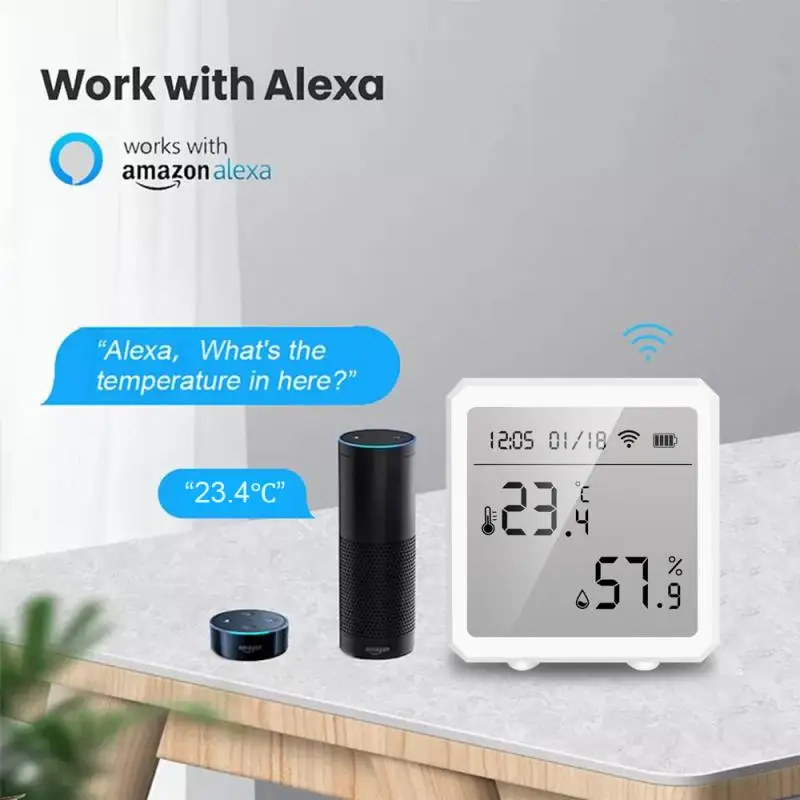 Tuya WIFI+Bluetooth Temperature And Humidity Sensor Indoor Hygrometer  Thermometer With LCD Display Works With Alexa Google Home