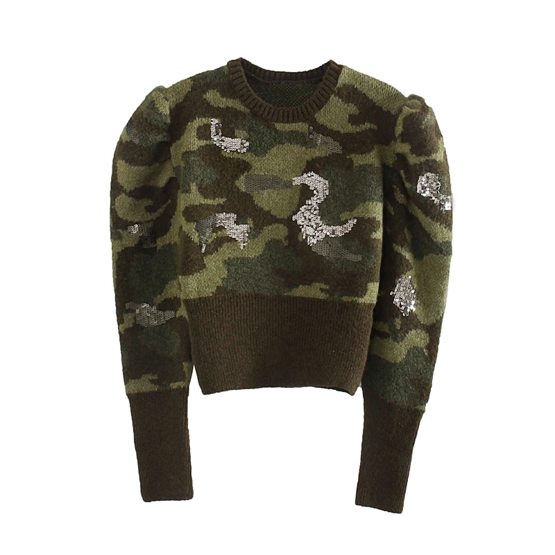 Звездный Светлячок осенний Военный стиль с пышными рукавами короткий свитер женский Повседневный тонкий свитер с круглым вырезом и бусинами - Цвет: army green sweater