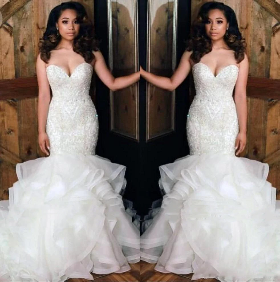 2019-new-strapless-organza-mermaid-wedding-dresses-beaded-stones-top-layered-ruffles-floor-length-bridal-wedding-gowns-bc0586