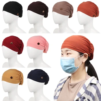 

Fashion Women Turban Hat With Buttons Soft Baggy Multicolor Muslim Beanie Hat Head Scarf Hijabs Bonnet Ready To Wear Protect Ear