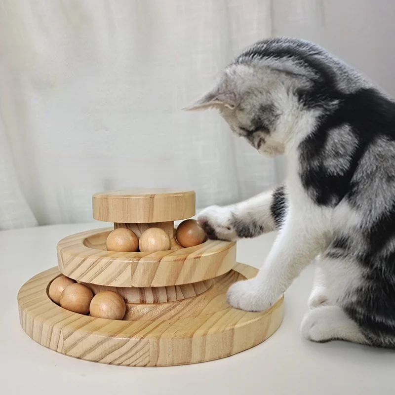 

Трехуровневая деревянная игрушка для кошек, развлекательный тренировочный мяч с тройным диском, дорожка с треками, 1 шт.