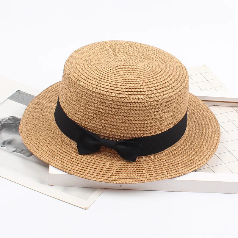 New Women Summer Sun Hat Beach Raffia Straw Female Black Bow Ribbon Cap Temperament Flat Hats Outdoor Caps 2020 | Аксессуары для