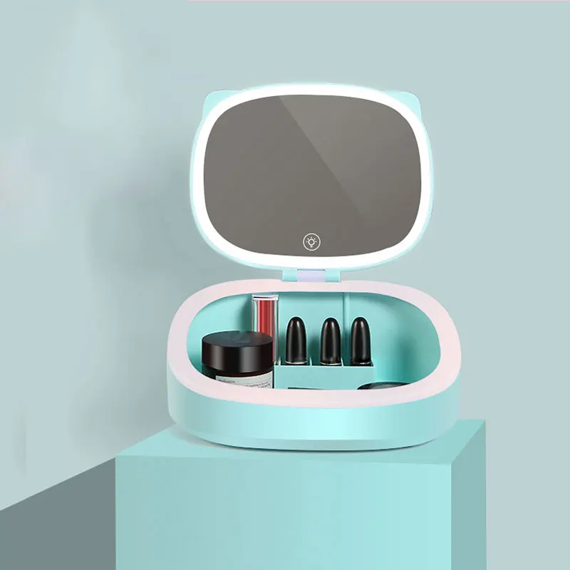 Kawaii USB Перезаряжаемый органайзер для макияжа с зеркалом, пластиковый светодиодный светильник, коробка для хранения косметики, украшений, контейнер для домашнего декора - Цвет: blue