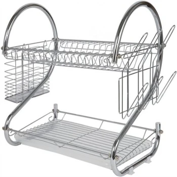 

S-Shaped Dish Rack Set 2-Tier Chrome Stainless Plate Dish Cutlery Cup Rack with Tray Steel Drain Bowl Rack Kitchen Shelf