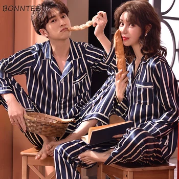 

Pajama Sets Men Striped Blue Couple Spring and Summer Nightgown Breathable Long-Sleeved Lounge Mens Loose Clothes Sleepwear Male