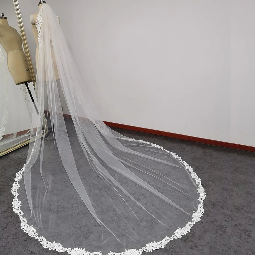 

Lace Long Wedding Veil with Comb 3 Meters Cathedral One Layer White Ivory Bridal Veil Voile Mariage Wedding Accessories