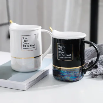 

400ml Creative Luxury Ceramic Cup Fun English Word Mug With Cover with Spoon Cup Office Home Breakfast Milk Coffee Cup