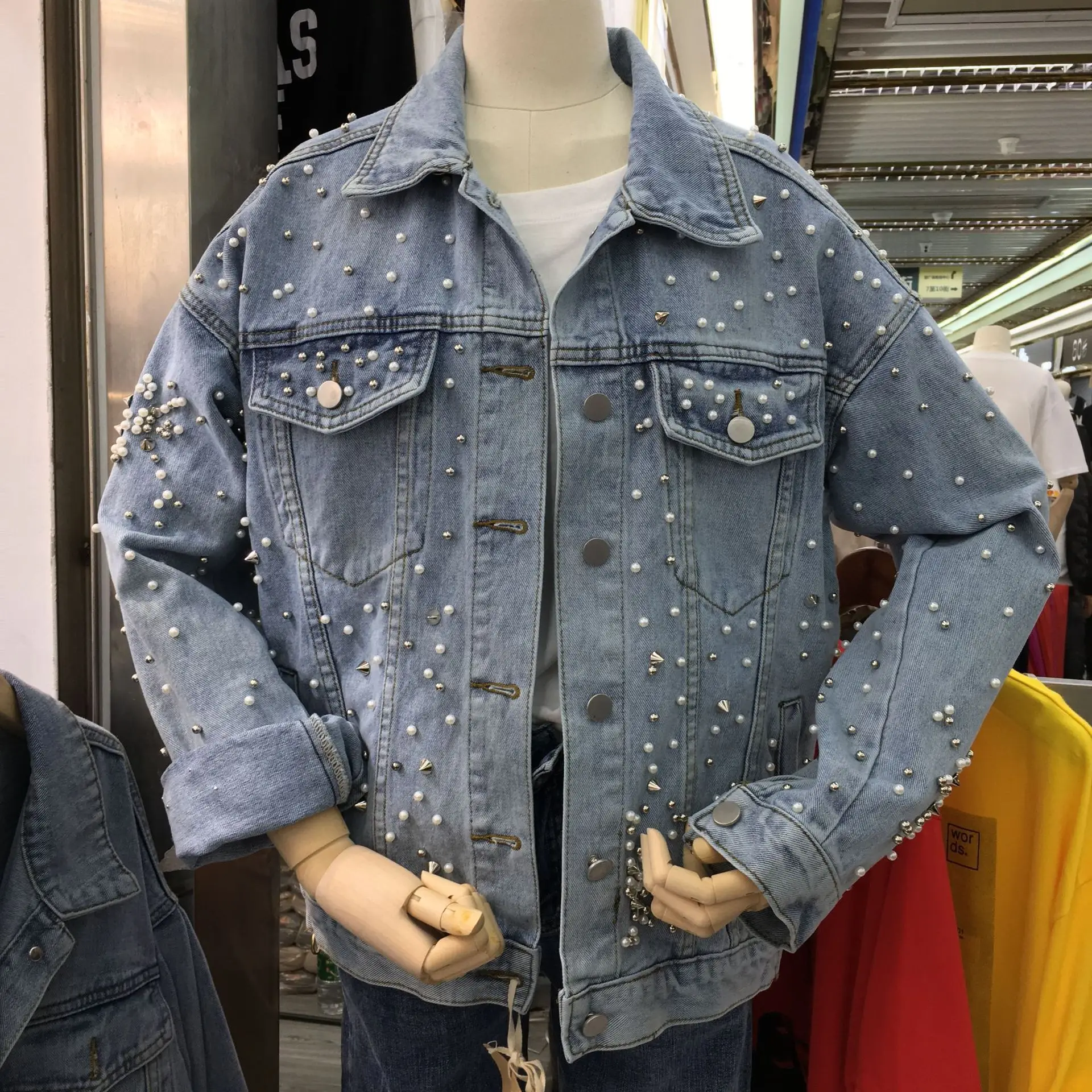 

Industrial Stereo Beads Jacket Spring 2019 New Products Versatile Loose-Fit BF Style Students Fold-down Collar Long-sleeved Coat