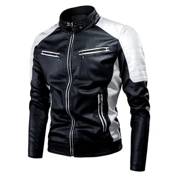 

Men 2020 Spring Casual Motor Spliced Fleece Leather Jacket Men Autumn Fashion Biker Vintage Warm Leather Jacket Coat Men S-8