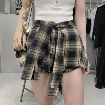 

WOMENGAGA 2020 New Shorts Plaid Fake Two-piece Elastic Waist Caual Straight Female Patchwork Personality Streetwear B153
