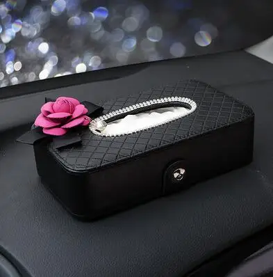 Розовая роза цветок кожаный чехол на руль авто подголовник поддержка ручного тормоза крышка переключения передач хрустальные аксессуары для салона автомобиля - Название цвета: 1 pc tissue box