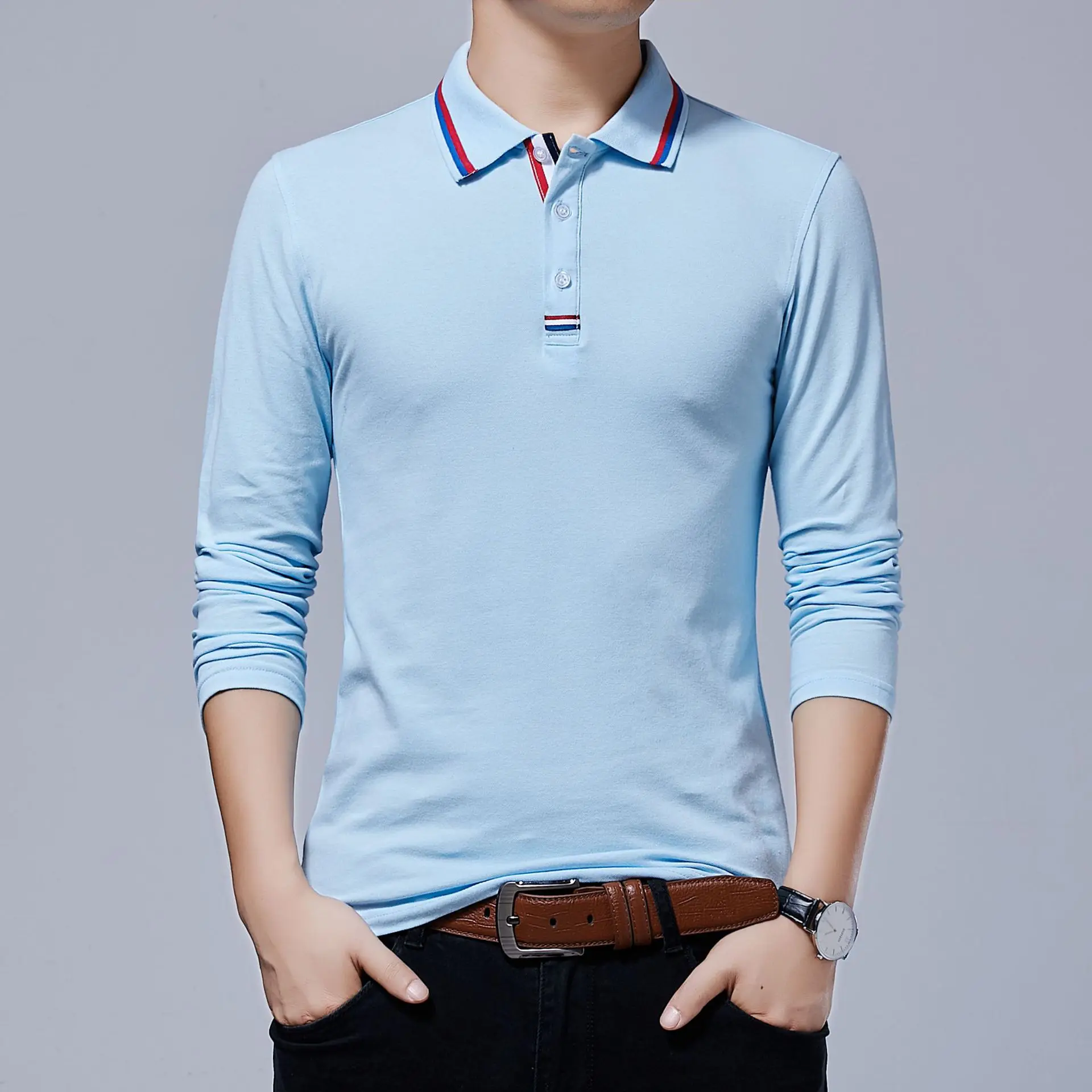 Поло мужские модные хлопковые большие размеры с длинными рукавами тонкая рубашка Hombre деловые повседневные однотонные брендовые поло 5XL Masculino рубашки MOOWNUC - Цвет: Sky Blue