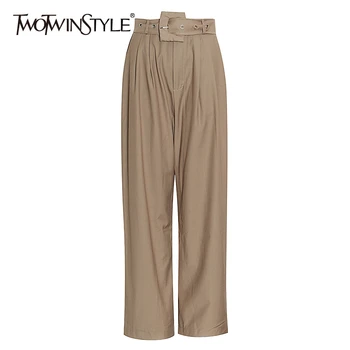 

TWOTWINSTYLE Casual Black Trousers For Women High Waist Pleated Loose Bandage Wide Leg Pants Female Spring 2020 Fashion Clothing