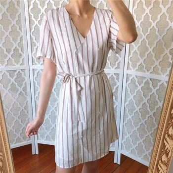 

Women Dress Spring / Summer 2020 New Dress Fashion Casual Striped Double-breasted Mini Dress
