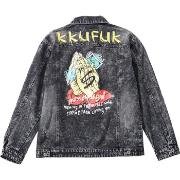 

Fashion Harajuku Casual prayer Washed fades Vintage Gray Denim Jacket rock Sweatshirt Streetwear hiphop motorcycle jacket