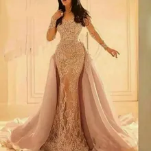Дубай Африканский размера плюс вечерние платья со съемным шлейфом Иллюзия Длинные рукава Кружева русалка платье выпускного вечера на заказ robe de soire