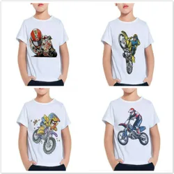 Novos meninos da motocicleta motocross impresso camisa crianças de algodão moda manga curta t camisas roupas verão meninas topos branco