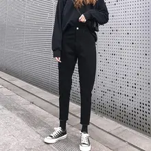 Зимние винтажные с высокой талией теплые джинсы с мехом женские черные узкие обтягивающие джинсы Boyfriend Однотонные эластичные джинсовые штаны-шаровары