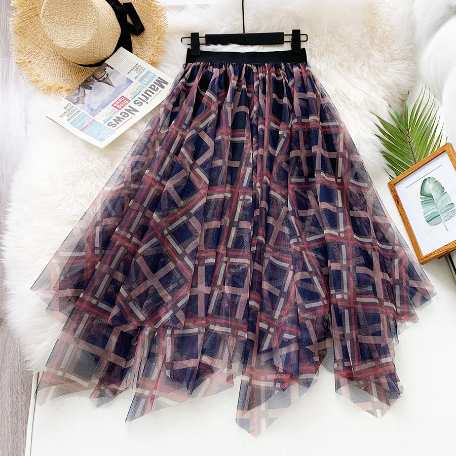 Women Spring Summer Long Plaid Skirt WF0050 Vintage Ladies Rose Khaki irregular Mesh Tulle Skirt 2020 Women Skirts