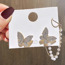 

Korean Asymmetrical Butterfly Drop Earrings For Women Trendy Pearl Chain Shiny Rhinestone Earring Girl Party Trendy Jewelry Gift